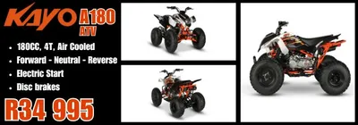 KAYO KT 50CC 2 STROKE MINI DIRT BIKE KAYO K5 300CC 4 STROKE ELECTRIC START ENDURO BIKE KAYO A50CC 2 STROKE FULL AUTO KIDDIES QUAD KAYO eA50 ELECTRIC KIDDIES QUAD 2 SPEED FULL AUTO KAYO AT110 ATV FULL AUTO 2 SPEED 4 STROKE ELECTRIC START FORWARD NEUTRAL REVERSE DISC BRAKES KAYO A 180 4 STROKE AIR COOLED ELECTRIC START FORWARD NEUTRAL REVERSE KAYO AU 180 UTILITY QUAD4 STROKE AIR COOLED ELECTRIC START FORWARD NEUTRAL REVERSE KAYO AU 300 UTILITY ATV 300CC 4 STROKE LIQUID COOLED ELECTRIC START DISC BRAKES FORWARD NEUTRAL REVERSE KAYO S200 SIDE X SIDE 200CC 4 STROKE OIL COOLED ELECTRIC START FORWARD NEUTRAL REVERSE